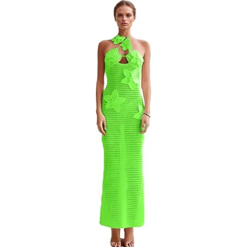 RanRui Women's Halter 3D Flower Knitted Hollow Out Beach Dress balckless Open Back Swimsuit Cover up Holiday Party Dress Green Small