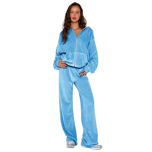 yidengymx Womens 2 Piece Velour Tracksuit Two Piece Soft Velvet Hooded Sweatsuits for Women Lounge with Pockets X-Small Hoodie-Straight Pants-blue