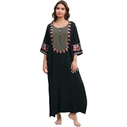 Women's Embroidery Swimsuit Cover Ups Beach Cover Up Caftan Plus Size Vneck Rainbow Ethnic Print Kaftan Batwing One Size 23080-0