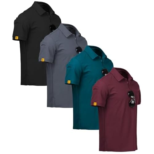 ZITY 4 Pack Mens Polo Shirt Short Sleeve Sports Golf Tennis T-Shirt Athletic Collared Tactical Shirts Medium Black Grey Tealblue Winered