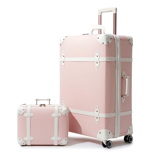 NZBZ Vintage Luggage Sets of 2, Vintage Suitcase Set for Women and Men, Cute Retro Luggage Sets Vintage Handmade Zipper Retro Trunk Luggage (Pink, 14i