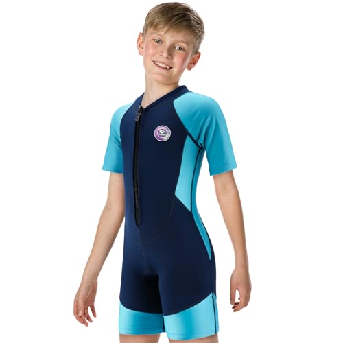 Pottwal Shorty Wetsuits for Kids Boys and Girls, 2MM Neoprene Thermal Swimsuit, Toddler-Junior-Youth Wet Suits 14 Blue