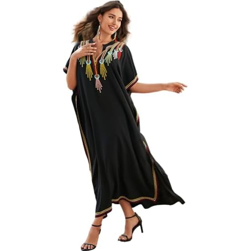 Women's Embroidery Swimsuit Cover Ups Beach Cover Up Caftan Plus Size Vneck Rainbow Ethnic Print Kaftan Batwing One Size 23149-0