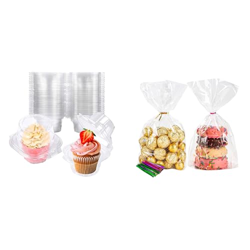 Bundle of 50 Pack Individual Cupcake Containers and 100 Pack Cellophane Bags for Candy Popcorn Cookie Small Wrapping