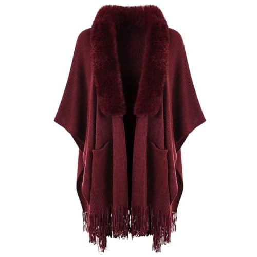 Ferand Shawl Wraps for Women, Cozy Lightweight Poncho Cape with Pockets, Warm for Fall Winter Travel One Size Dark Red With Faux Fur Collar