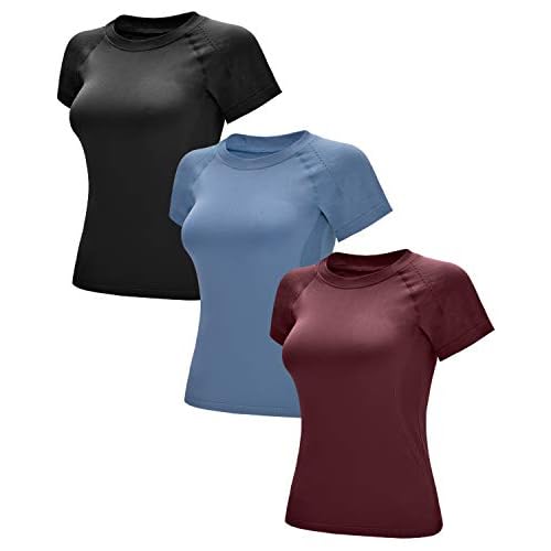 RUNNING GIRL Seamless Workout Shirts for Women，Short Sleeve T-Shirt Stretch Tees Quick Dry Gym Athletic Tops X-Large 3pack