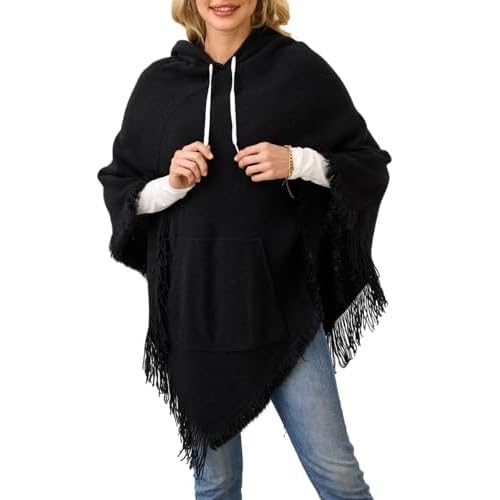 Ferand Ladies' Hooded Cape with Fringed Hem, Crochet Poncho Knitting Patterns for Women One Size Drawstring Version: Black