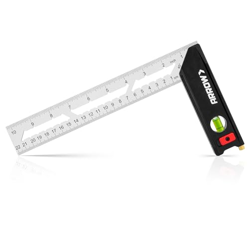 Arrow 10-Inch Try Square, Woodworking Square with Stainless Steel Blade, Aluminum Handle, 1-Inch Scribe Notches and Bubble Level, Layout and Marking T
