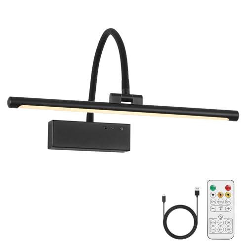 JOOSENLUX Wireless Picture Light - Battery Operated Black Wall Light with Remote Control - Dimmable Timer - 15.94” Display - Flexible Neck Swing Arm