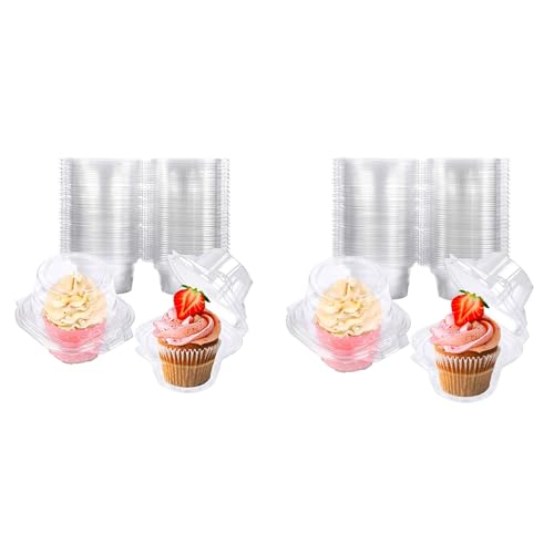 Bundle of 50 Pack Individual Cupcake and 200 Pack Individual Cupcake Holders Stackable Deep Dome Cupcake Carrier