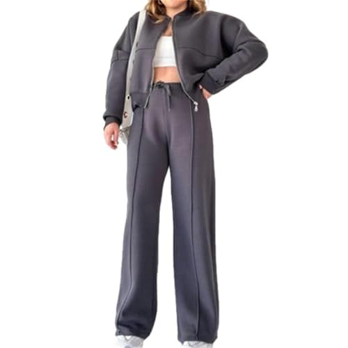 Womens 2 Piece Sweatsuits Set Zip Up Sweatshirt Wide Leg Sweatpants Loungewear Outfit Grey Medium