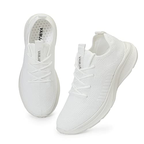 VAMJAM Men's Running Shoes Fashion Sneakers Lightweight Breathable Flying Knitting Lace Up Mesh Walking Shoes Workout Casual Sports Shoes 9.5 White022