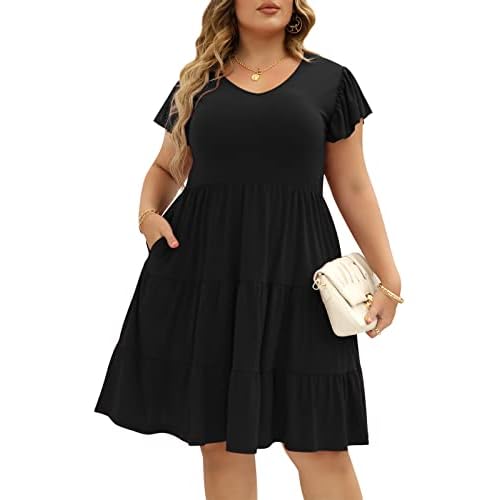 Celkuser Womens Plus Size Casual Summer Dresses Ruffle Sleeve Tiered Swing Midi Dress with Pockets 16 Plus Black