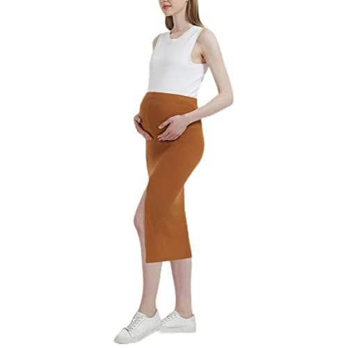 EXARUS Women's Maternity Skirt Over The Belly Midi High Waist Side Slit Office Wear Pregnancy Outfits Pencil Skirts Large Ribbed Gold
