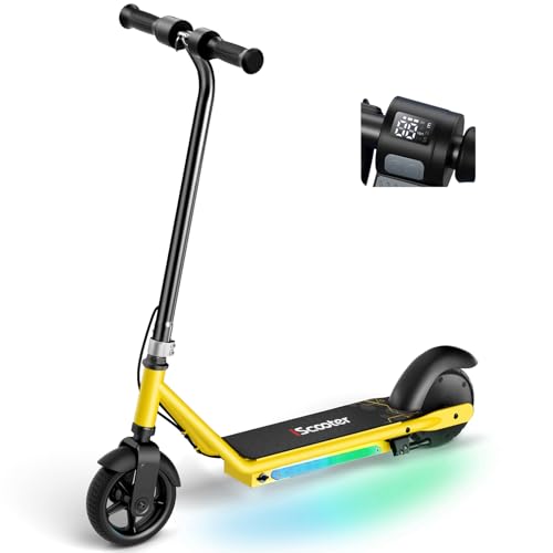 iScooter IK3-IK3Pro Electric Scooter for Kids Aged 6-12, LED Display, 3 Speeds, 3 Heights (IK3Pro), Magnetic Charging, 150W Motor, Colorful Lights Yel
