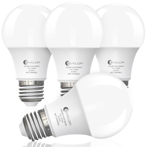 Evelor A19 LED Light Bulbs,60 Watt Equivalent Daylight 5000K with E26 Base,Efficient 9W,800 Lumens Non-Dimmable LED Bulbs,15000 Hours, Ideal for Bedro