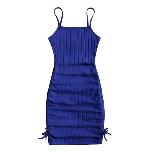EXARUS Girls Bodycon Tight Spaghetti Strap Mini Short Dress Ribbed Knit Summer Sleeveless Ruched Pencil Dresses 8-14Y 10 Years Ruched Side Blue