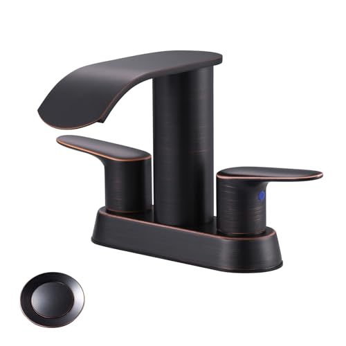 WOWOW Waterfall Bathroom Sink Faucet,Oil Rubbed Bronze Two Handles Bathroom Faucet with Metal Pop up Sink Drain Stopper, 2 or 3 Holes Bathroom Basin L
