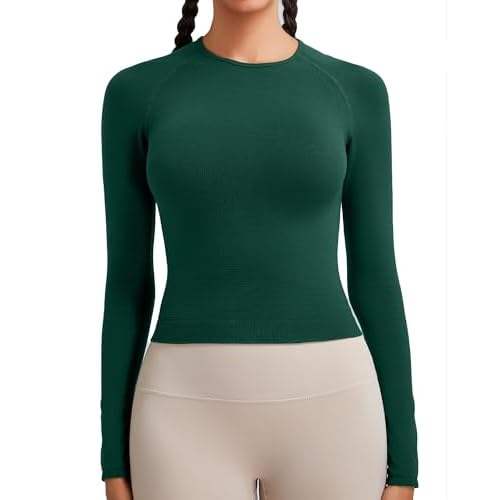 RUNNING GIRL Long Sleeve Yoga Shirts for Women, Soft Fitted Seamless Stretchy Casual Crew Neck Athletic Basic Shirt A-forest Green Small