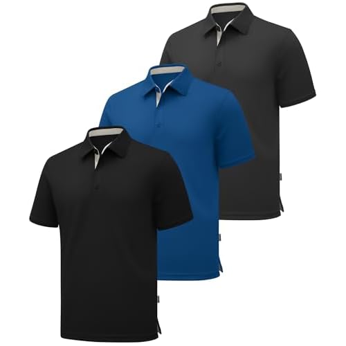 ZITY 3 Pack Polo Shirts for Men Short Sleeve Moisture Wicking T Shirt Business Casual Mens Golf Shirts Collared T-Shirts Black Grey Royal 3X-Large