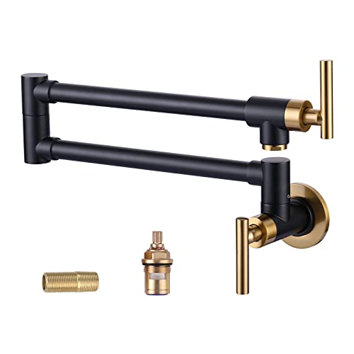 WOWOW Pot Filler Faucet Black Gold, Solid Brass Pot Filler Wall Mount Kitchen Stove Faucet with Double Joint Swing Arms Black & Brushed Gold