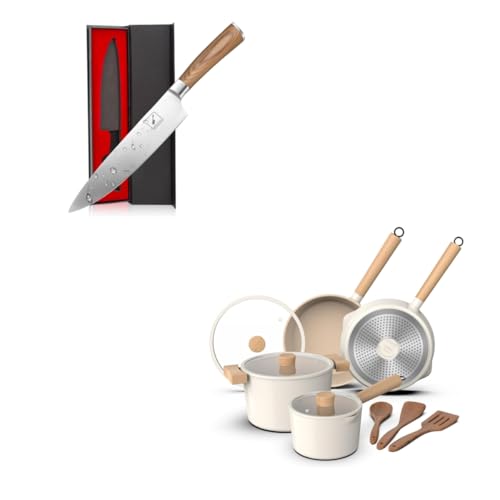 imarku 8 Inch Chef Knife Golden Handle and 10 Pcs Granite Cookware Set, Removable Handle Pots and Pans, PFOA Free