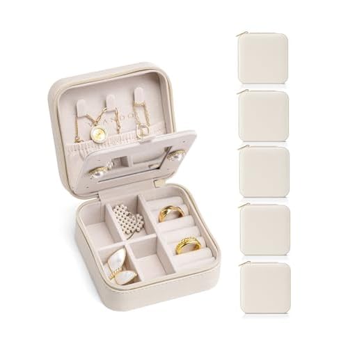 Vlando Travel Jewelry Box, Small Jewelry Travel Organizer Case for Girls Women - white Mirror*6 pack Beige S 6