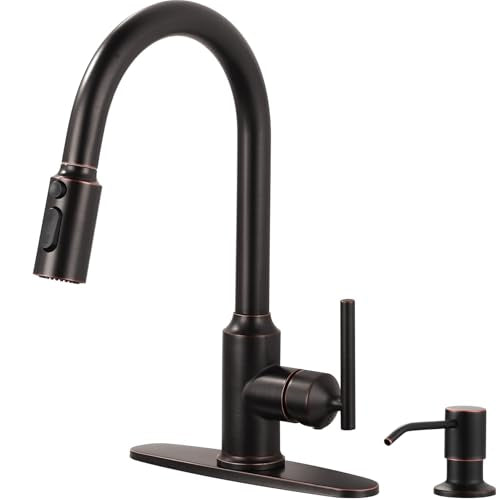 WOWOW Kitchen Faucets with Sprayer, Oil Rubbed Bronze Rv Kitchen Faucet, Single-Handle Camper Outdoor Sink laundry faucets for Utility 4 Hole Kitchen