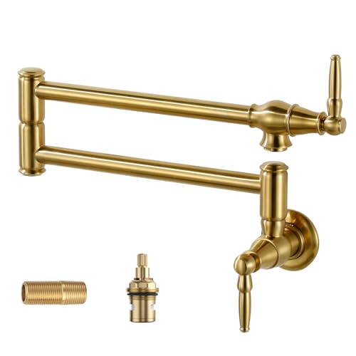 Pot Filler Faucet Brushed Gold: Solid Brass Wall Mount Heavy Duty Stove Pot Filler with Double Joint Swing Arms - Single Hole Commercial Folding Stret