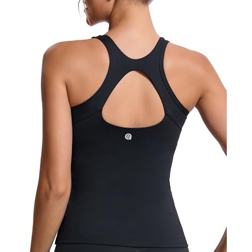 RUNNING GIRL Workout Tank Tops for Women Built in Shelf Bras Padded,Sleeveless Gym Tops Athletic Yoga Shirts E-black X-Large