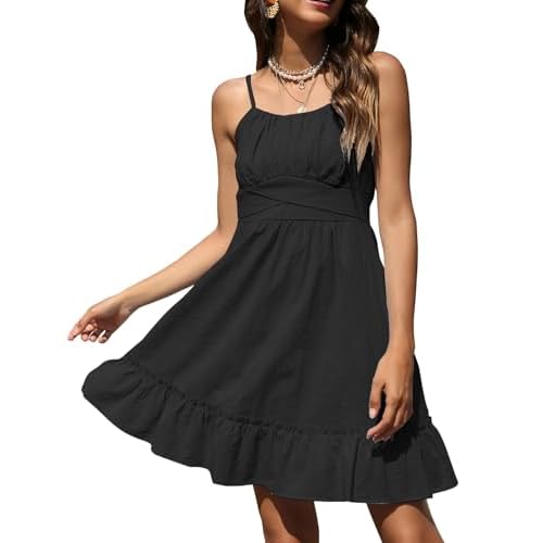 ROYLAMP Women's Summer Spaghetti Strap Dress Casual Wrap Sleeveless Backless Ruffle Hem Swing Mini Dresses with Pockets Medium Black
