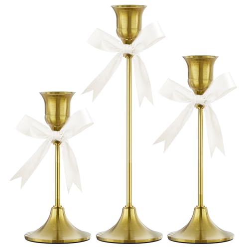 FSyueyun Brass Candlestick Holders Set of 3, Elegant Metal Candlestick Holders for Vintage Taper Candle Holders, Perfect for Table Centerpieces, Firep