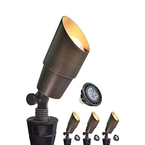 MALORY Brass Landscape Spotlight 4-Pack with Bulb(S01), Low Voltage 12V AC-DC LED Outdoor Landscape Lighting,PVC Ground Stake and Wire Connector Inclu