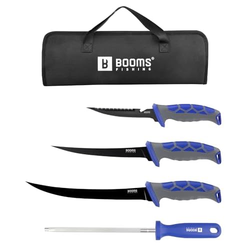 Booms Fishing Fillet Knife Set: 5" Bait Knife, 7" & 9" Filet Knives with Sharpening Steel and Storage Case - Non-Slip Handles, Vented Sheaths for Salt