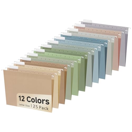 25pcs Decorative Hanging File Folders,Filing Cabinet, Letter Size with 1-5-Cut Adjustable Tab Durable 12 Color Assorted,Pastel Earth 25