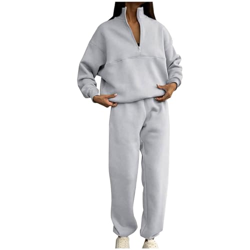 Women's 2 Piece Sweatsuits Outfits Lapel Long Sleeve Half Zip Casual Tracksuit Sweatshirt Joggers Sweatpants Set Grey Small