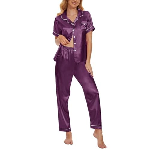 YIJIU Womens Silk Satin Pajamas Set Short Sleeve Sleepwear Soft Button Down Loungewear Two-piece Pjs Sets XS-XXL Long Small Purple