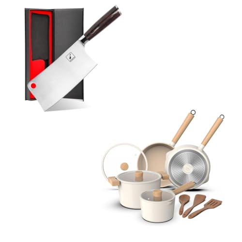 imarku 10 Pcs Granite Cookware Set Removable Handle, PFOA Free, Oven Safe and 7 Inch Meat Cleaver - SUS440A Japan High Carbon Stainless Steel