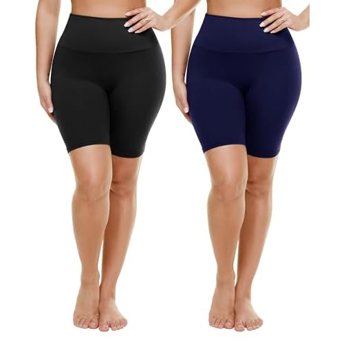 TNNZEET 2 Pack Plus Size Biker Shorts for Women - 8" Black High Waisted Tummy Control Spandex Workout Shorts (XL-4XL) 4X-Large Black-Navy Blue