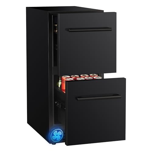 15 Inch Double Drawer Beverage Refrigerator, 3.39 Cu.Ft. Under Counter Fridge, Waterproof All Black Stainless Steel Beverage Fridge,low noise Rapid co