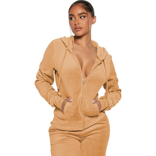 yidengymx Womens 2 Piece Velour Tracksuit Two Piece Soft Velvet Hooded Outfits for Women Small Hoodie-Jogger Pants-khaki