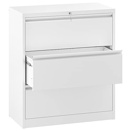 YITAHOME 3 Drawer Lateral File Cabinet with Lock, Metal Stainless Steel Wide Lateral Filing Cabinet for Legal-Letter A4 Size, Office Organizer Storage