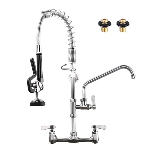[New Upgrade] Brushed Nickel Commercial Kitchen Faucet with Pre-Rinse Sprayer 8 Inch Center Wall Mount Kitchen Sink Faucet with 9.6" Add-on Swing Spou