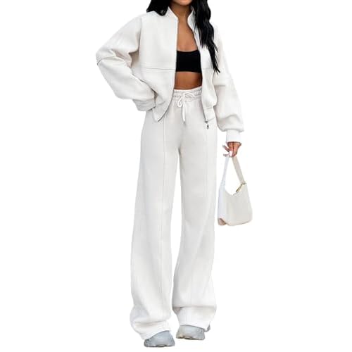 Womens 2 Piece Sweatsuits Set Zip Up Sweatshirt Wide Leg Sweatpants Loungewear Outfit White Medium
