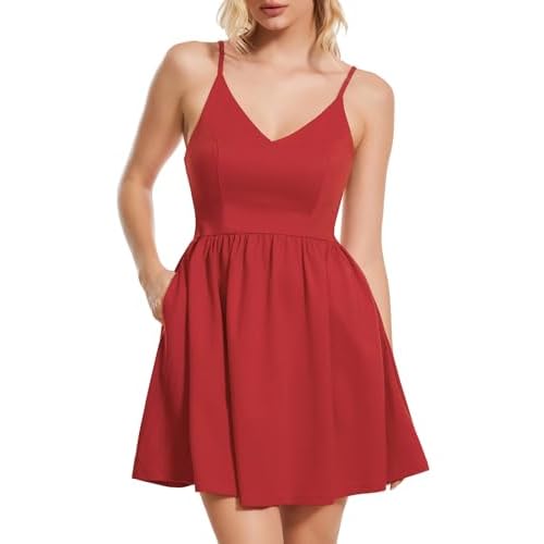 ROYLAMP Women's Casual Spaghetti Strap Dresses Elegant V-Neck A-line Swing Petite Tiered Short Mini Dress with Pockets X-Small Red