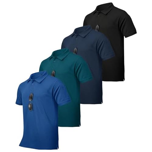 ZITY 4 Pack Men's Polo Shirt Short Sleeve Athletic Performance Tactical Shirts for Men Outdoor Sport Work T-Shirt Large Black Navy Blue Teal Blue