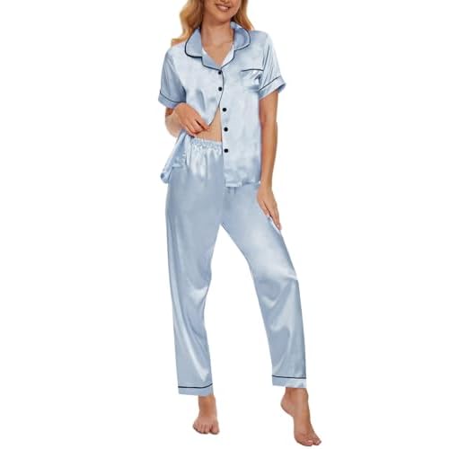 YIJIU Womens Silk Satin Pajamas Set Short Sleeve Sleepwear Soft Button Down Loungewear Two-piece Pjs Sets XS-XXL Long Medium Blue
