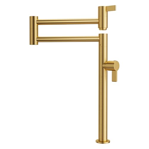 Deck Mount Pot Filler Faucet, ARCORA Solid Brass Pot Filler Brushed Gold Kitchen Folding Faucet with Stretchable Double Joint Swing Arm, Deck Mounted