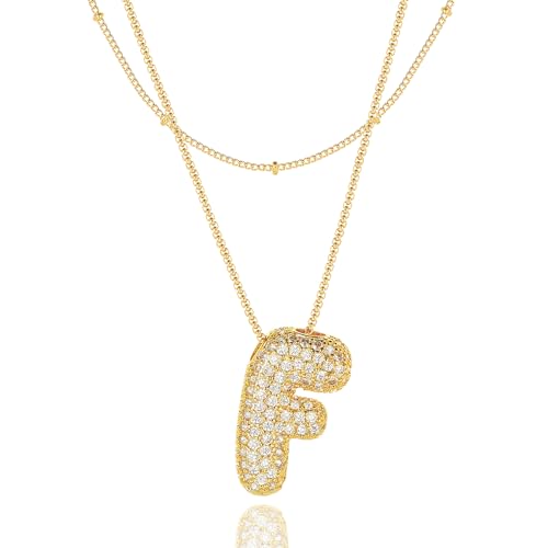Bubble Letter Necklace Gold for Women，Layered Plated Initial Pendant Puffy Zircon Name Personalized Necklaces Fashion Jewelry for Gifts Letter F