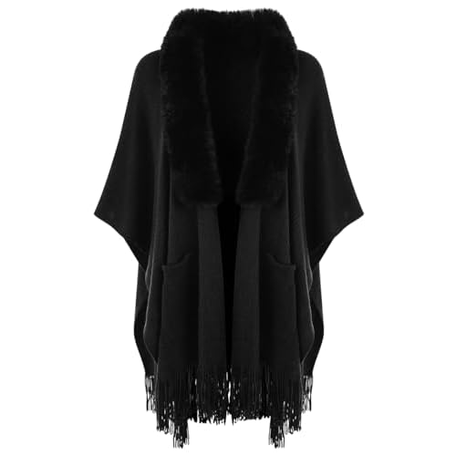 Ferand Shawl Wraps for Women, Cozy Lightweight Poncho Cape with Pockets, Warm for Fall Winter Travel One Size Black With Faux Fur Collar